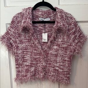 Zara NWT Structured Cropped Knit Cardigan Size Small Pink White